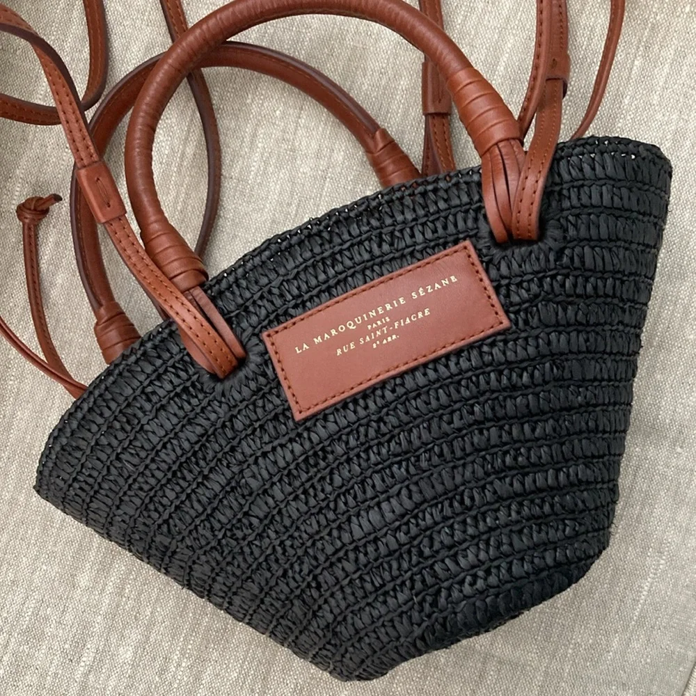 Sezane Mini Justine Basket Bag in Black with Brown Leather Trim - Picture 3 of 7